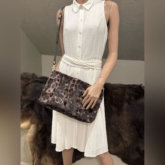 Leopard Real Mink Fur Handmade Large Clutch/Shoulder Bag/Crossbody, Multi Use - Picture 11 of 16